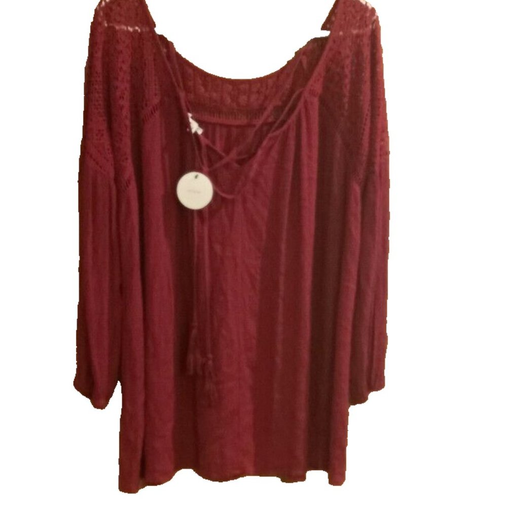 En Creme Top Womens Small Boho Crochet Insert red Tassel Tie Top Blouse